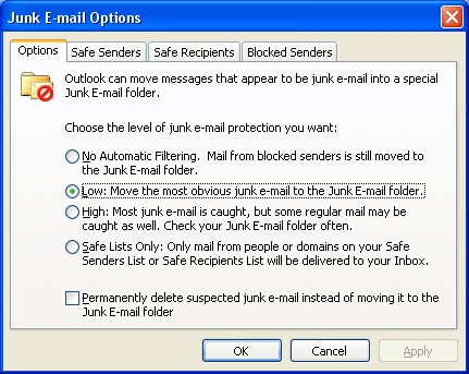Nastavení spam filtru v Outlook 2003